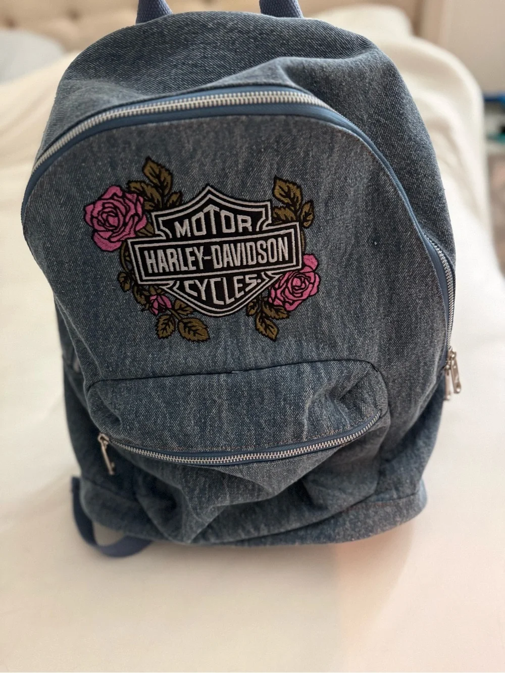 Harley-Davidson Denim Blue Backpack with Pink Rose Patch